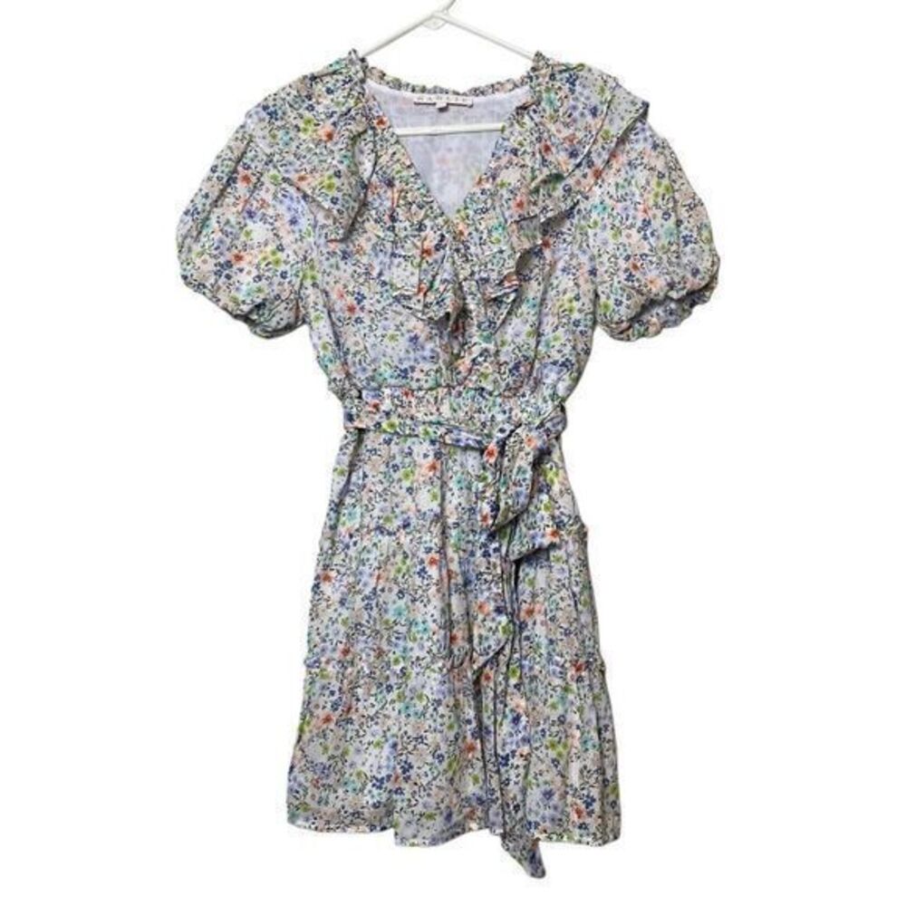Karlie Floral Print Mini Wrap Dress‎ Womens Large White Puff Sleeve Lined